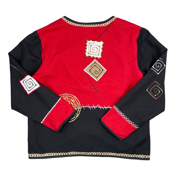 VTG Patchwork Embroidered Top Sz M Red Black Long Sleeve Funky Abstract Linen - Picture 13 of 13